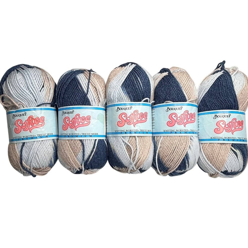 Vintage Bouquet Softee Yarn Lot 5 Worsted Acrylic Variegated Blue Beige 950 Yds